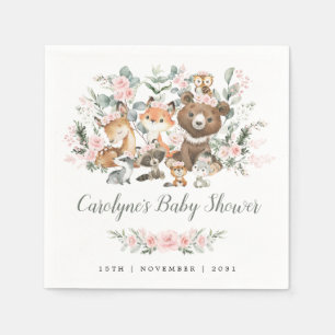 Soft Pink Floral Woodland Animals Girl Baby Shower Napkins