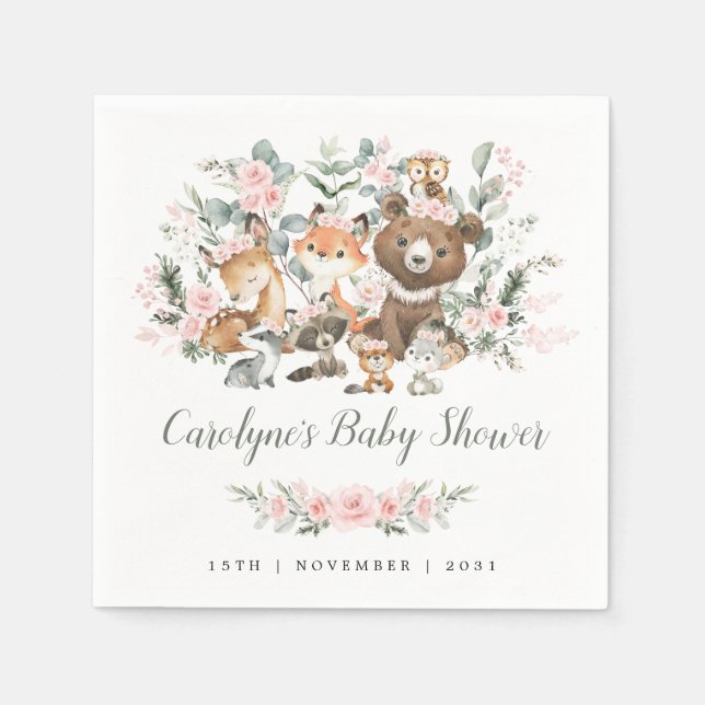 Soft Pink Floral Woodland Animals Girl Baby Shower Napkins (Front)
