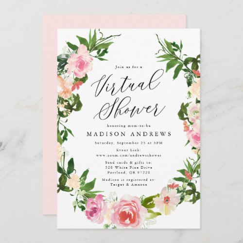 Soft Pink Floral Wreath Virtual Baby Shower Invitation