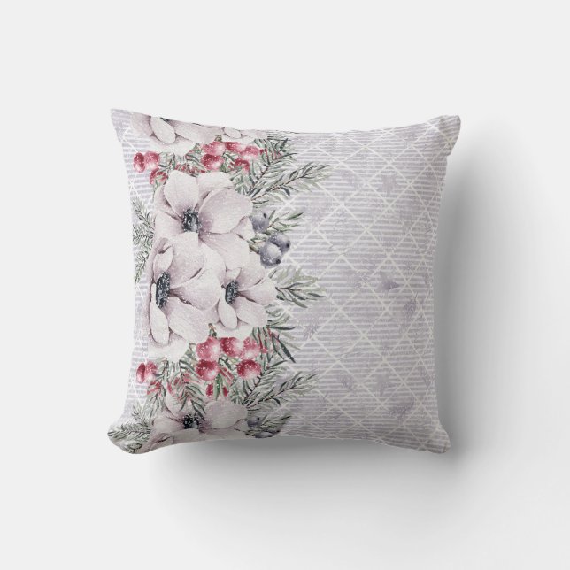 Soft Pink Florals on Geometric Gray Throw Pillow (Front)