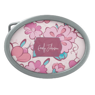 Soft Pink Flower Script Custom Name Belt Buckle