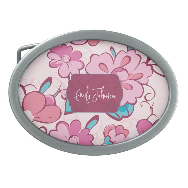 Soft Pink Flower Script Custom Name Belt Buckle (Front)
