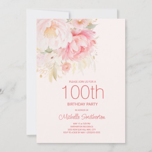 Soft Pink Flowers 100th Birthday Invitation
