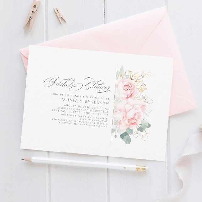 Soft Pink Flowers and Gold Greenery Bridal Shower  Invitation (Creator Uploaded)