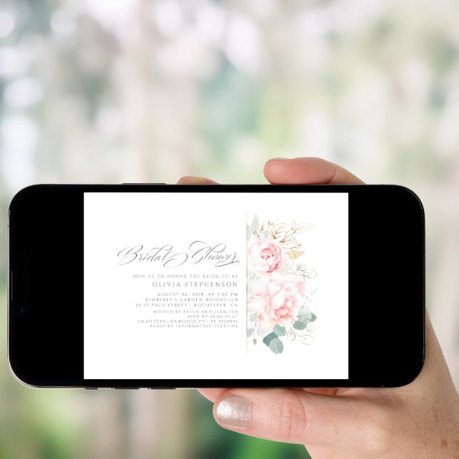 Soft Pink Flowers and Gold Greenery Bridal Shower  Invitation (Front Digital)