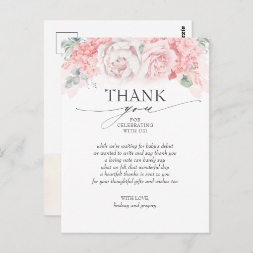 Soft Pink Flowers Baby Shower Thank You Postcard | Zazzle