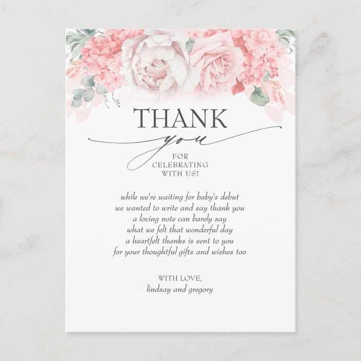 Soft Pink Flowers Baby Shower Thank You Postcard | Zazzle.com