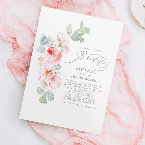 Soft Pink Flowers Elegant Boho Bridal Shower Invitation