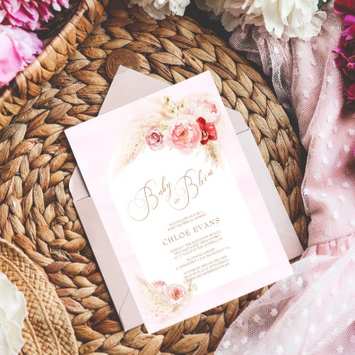 Soft Pink Flowers Elegant Boho Girl Baby Shower  I Invitation