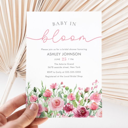 Soft Pink Flowers Elegant Boho Girl Baby Shower Invitation