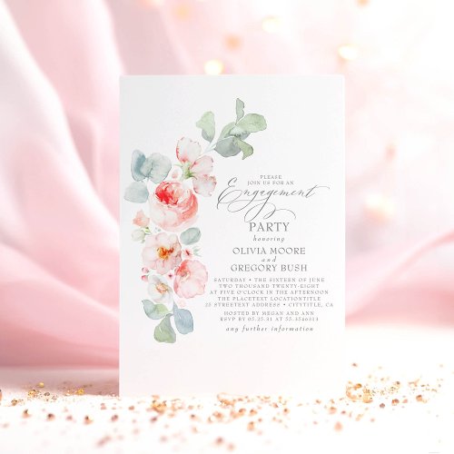 Soft Pink Flowers Elegant Engagement Party Invitation