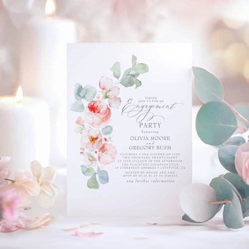 Soft Pink Flowers Elegant Engagement Party Invitation