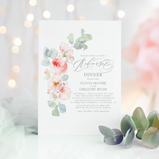 Soft Pink Flowers Elegant Rehearsal Dinner Invitation (Pink Floral Rehearsal Dinner Invitations)