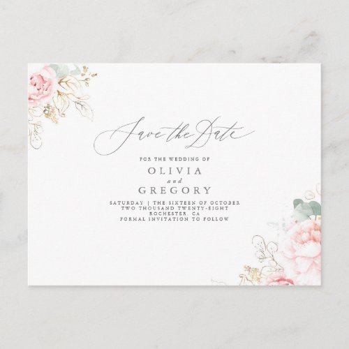 Soft Pink Flowers Elegant Save The Date Announcement Postcard