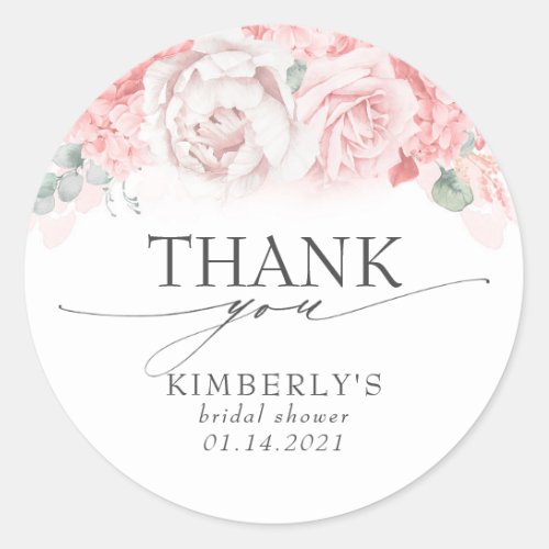 Soft Pink Flowers Elegant Thank You Classic Round Sticker