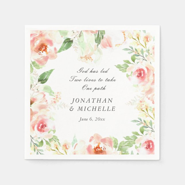 Soft Pink Flowers Greenery Inspirational Wedding Napkins (Front)