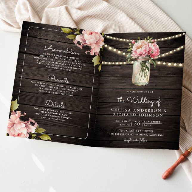 Soft Pink Flowers Mason Jar QR Code Wood Wedding Invitation (Creator Uploaded)