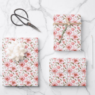 Soft Pink Flowers on White Wrapping Paper Sheets