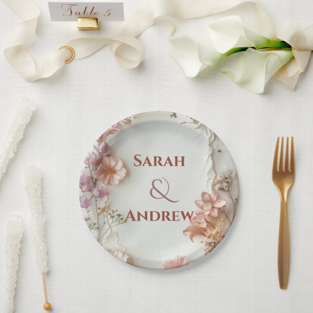 Soft Pink Flowers Paper Plates (Wedding)