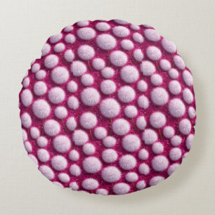 Soft Pink Fluffy Balls on Glittery Vibrant Magenta Round Pillow