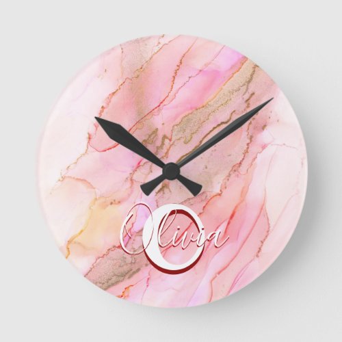 Soft Pink Fluid Alcohol Ink Round Clock