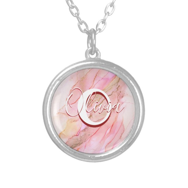 Soft Pink Fluid Alcohol Ink Silver Plated Necklace (Front)