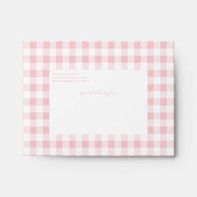 Soft Pink Gingham Check Personal Stationery Envelope (Front)