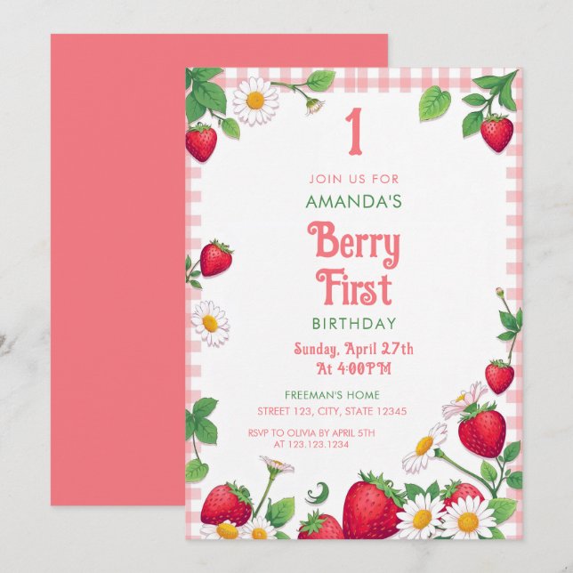 Soft Pink Gingham Strawberry Girl’s 1st Birthday Invitation (Front/Back)