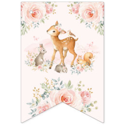 Soft Pink Girl Woodland Animals Floral Birthday Bunting Flags