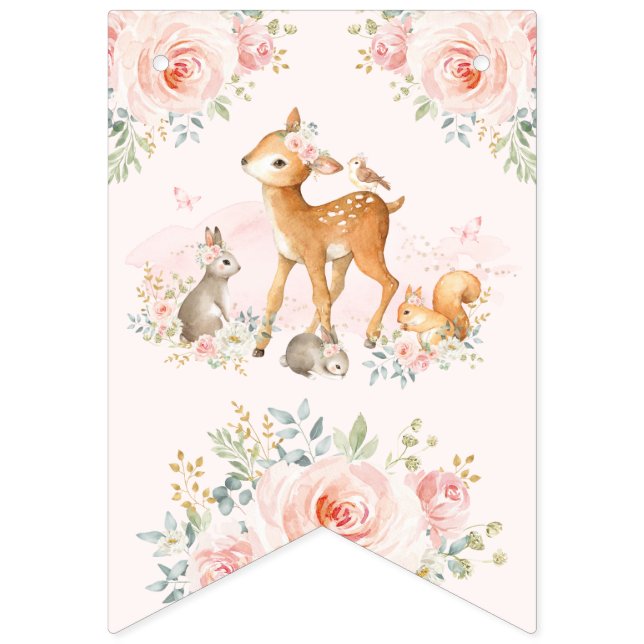 Soft Pink Girl Woodland Animals Floral Birthday Bunting Flags (First Flag)
