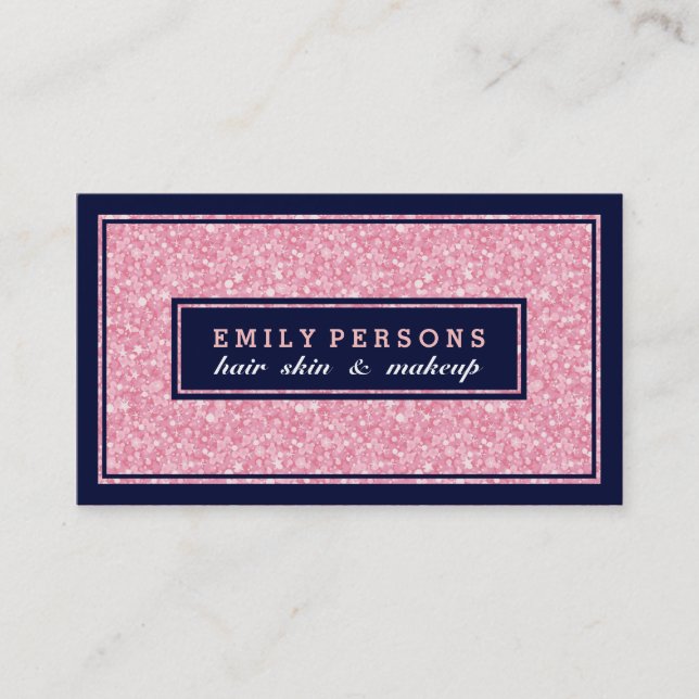 Soft Pink Glitter Texture Navy-Blue Accents Business Card (Front)
