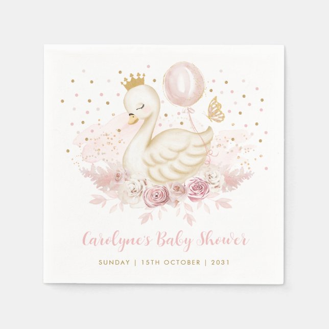 Soft Pink Gold Swan Princess Balloon Baby Girl Napkins (Front)