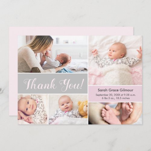 Soft Pink Gray Custom baby girl photo collage  Thank You Card