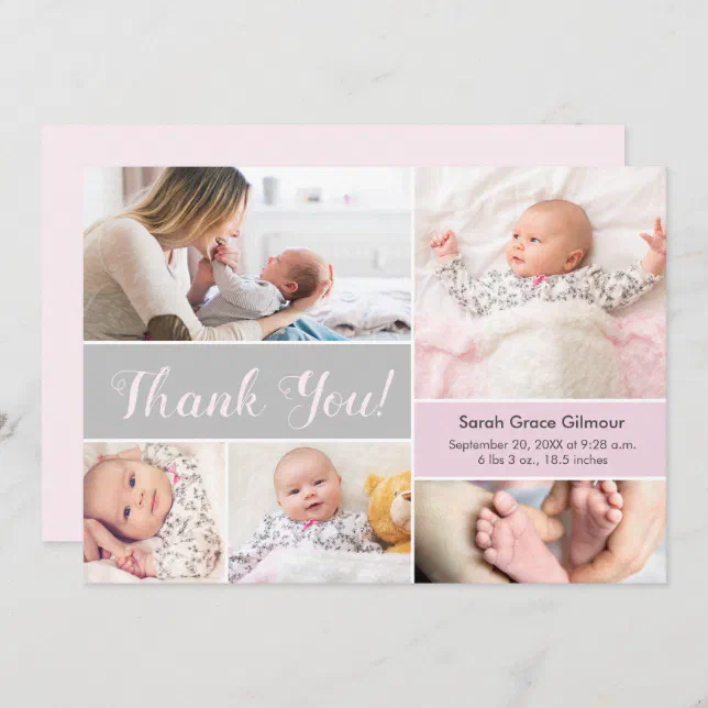 Soft Pink Gray Custom baby girl photo collage Thank You Card | Zazzle