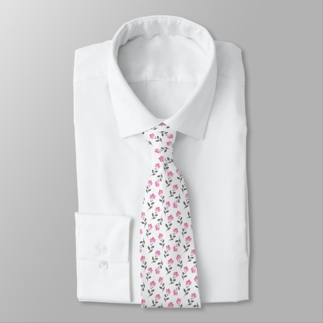 Soft Pink Gray Floral Pattern Neck Tie (Tied)