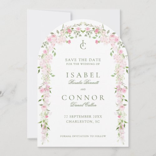 Soft Pink Green Floral Arch Wedding Save The Date