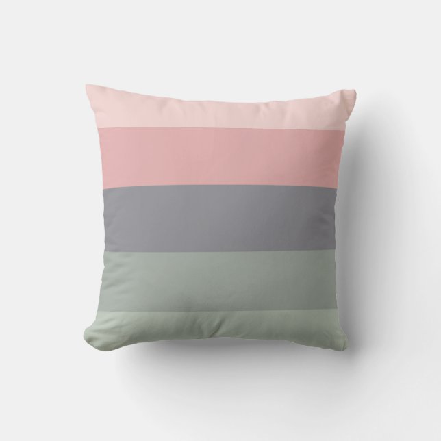Soft Pink Green Gray Horizontal Striped Throw Pillow (Front)