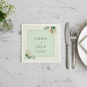 Soft pink greenery names and date wedding napkins