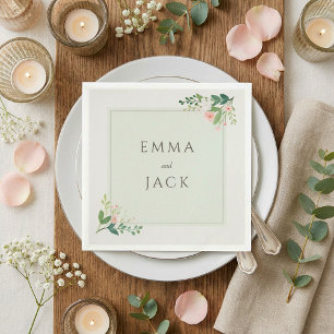 Soft pink greenery names wedding napkins