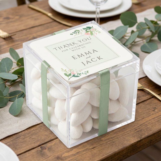 Soft pink greenery names wedding square sticker (Creator Uploaded)