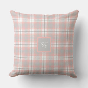 Soft Pink Grey Monogram Gingham Girly Plaid Outdoor Pillow