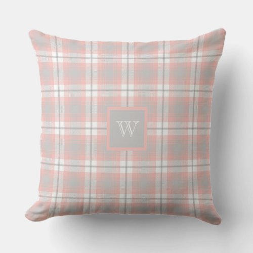Soft Pink Grey Monogram Gingham Girly Plaid Outdoor Pillow