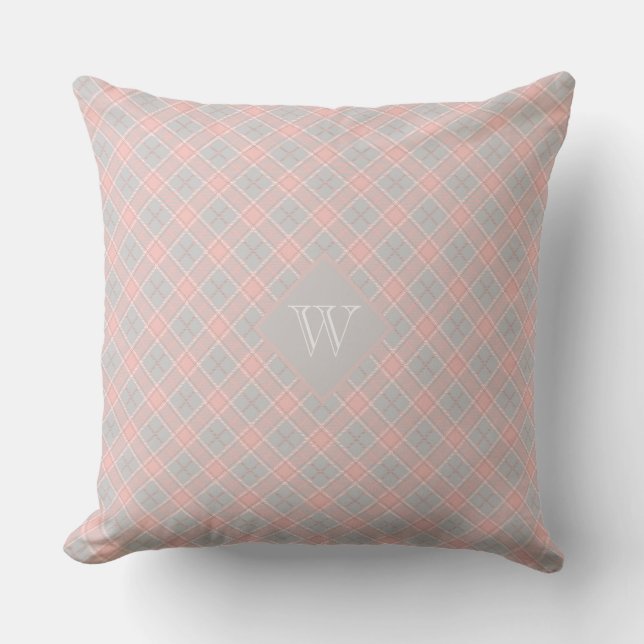 Soft Pink Grey Monogram Gingham Girly Plaid Outdoor Pillow (Front)