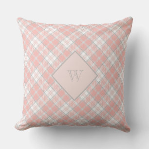 Soft Pink Grey Monogram Gingham Girly Plaid Throw Pillow