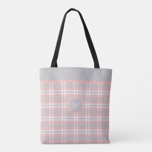 Soft Pink Grey Monogram Gingham Girly Plaid Tote Bag