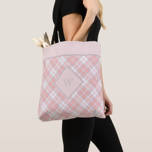 Soft Pink Grey Monogram Gingham Girly Plaid Tote Bag