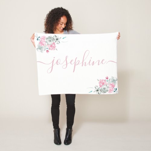 Soft Pink Grey whimsical floral watercolor Name Fleece Blanket