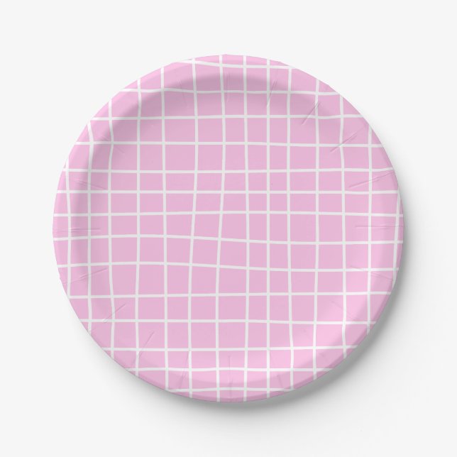 Soft Pink Grid Abstract Pattern Paper Plates (Front)