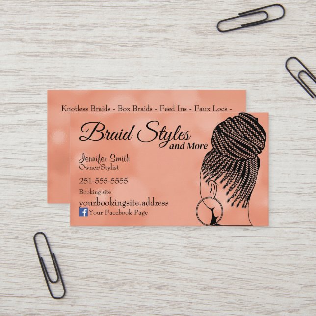 Soft Pink Hair Braiding with Servies on Back Business Card (Front/Back In Situ)