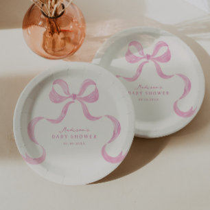 Soft Pink Hand Drawn Bow Baby Shower Paper Plates